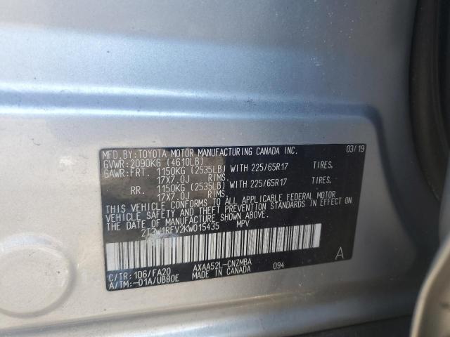 2T3W1RFV2KW015435 - 2019 TOYOTA RAV4 XLE SILVER photo 12