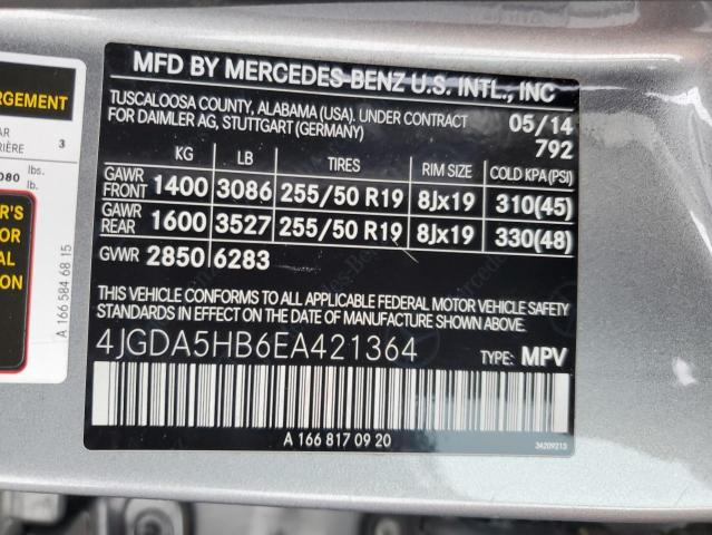 4JGDA5HB6EA421364 - 2014 MERCEDES-BENZ ML 350 4MATIC GRAY photo 13