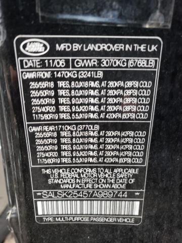 SALSK25457A989744 - 2007 LAND ROVER RANGE ROVE HSE BLACK photo 13