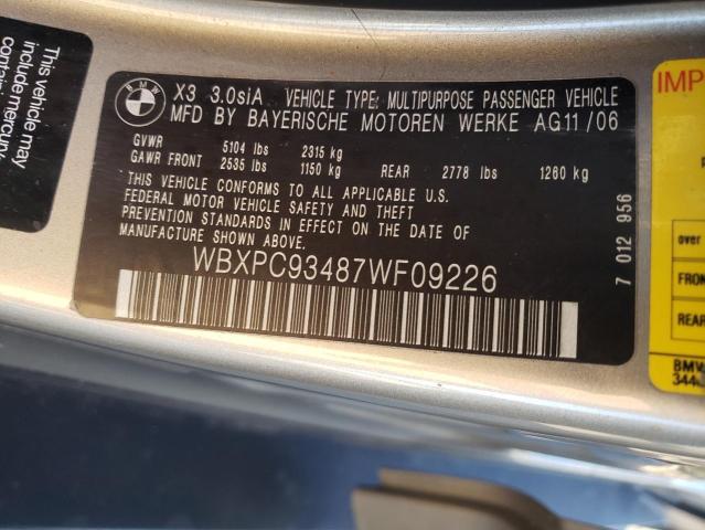 WBXPC93487WF09226 - 2007 BMW X3 3.0SI TAN photo 13