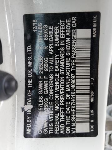 SHHFK7H61KU409097 - 2019 HONDA CIVIC EX WHITE photo 12