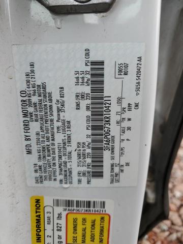 3FA6P0G73KR104211 - 2019 FORD FUSION S WHITE photo 12