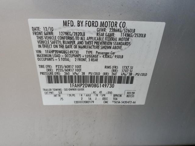 1FAHP2DW0BG149730 - 2011 FORD TAURUS SE SILVER photo 12