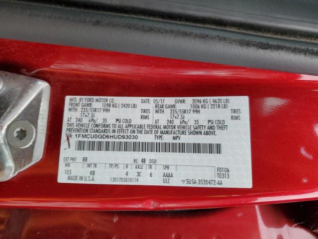 1FMCU0GD6HUD93030 - 2017 FORD ESCAPE SE RED photo 12