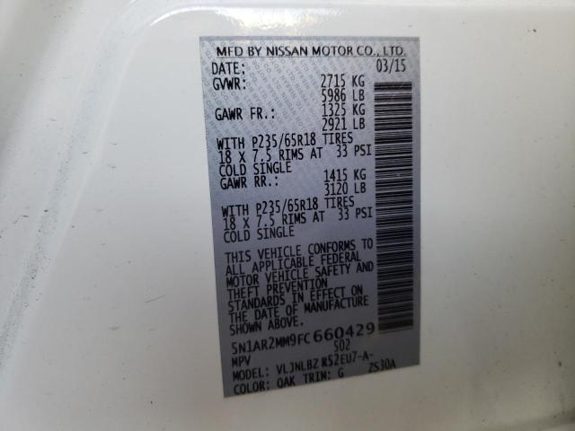 5N1AR2MM9FC660429 - 2015 NISSAN PATHFINDER S 白色 照片 12