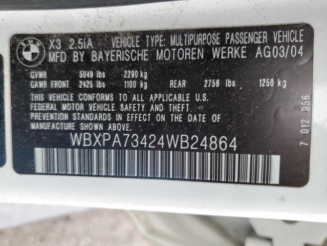 WBXPA73424WB24864 - 2004 BMW X3 2.5I WHITE photo 13