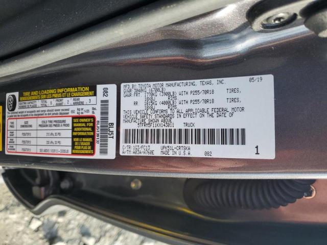 5TFRM5F11KX143011 - 2019 TOYOTA TUNDRA DOUBLE CAB SR/SR5 GRAY photo 12