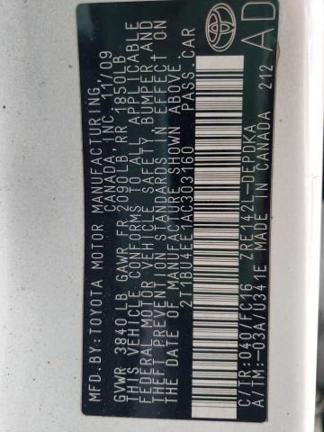 2T1BU4EE1AC303160 - 2010 TOYOTA COROLLA BASE WHITE photo 12