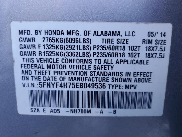 5FNYF4H75EB049536 - 2014 HONDA PILOT EXLN SILVER photo 14