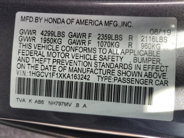 1HGCV1F1XKA163242 - 2019 HONDA ACCORD LX GRAY photo 13