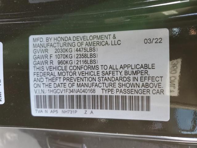 1HGCV1F34NA040168 - 2022 HONDA ACCORD SPORT BLACK photo 12