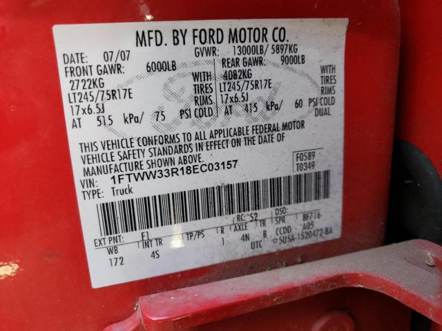 1FTWW33R18EC03157 - 2008 FORD F350 SUPER DUTY RED photo 13