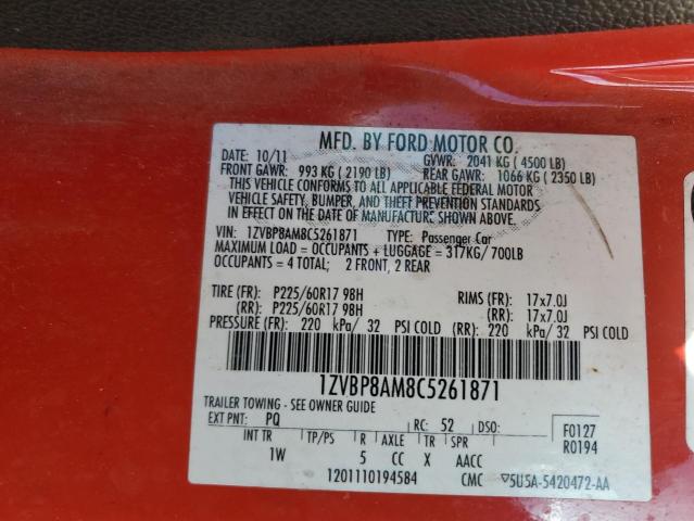 1ZVBP8AM8C5261871 - 2012 FORD MUSTANG RED photo 12