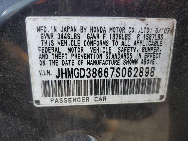 JHMGD38667S062898 - 2007 HONDA FIT S შავი ფოტო 12