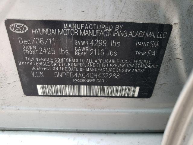 5NPEB4AC4CH432288 - 2012 HYUNDAI SONATA GLS SILVER photo 12