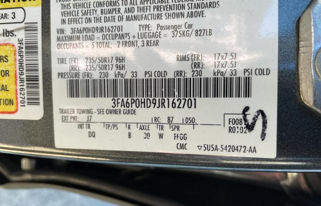 3FA6P0HD9JR162701 - 2018 FORD FUSION SE GRAY photo 10