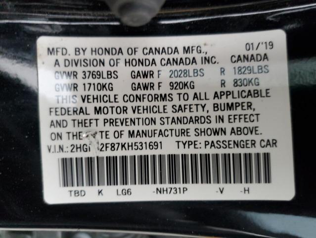 2HGFC2F87KH531691 - 2019 HONDA CIVIC SPORT 黑色 照片 12