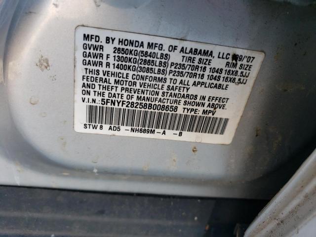 5FNYF28258B008658 - 2008 HONDA PILOT VP SILVER photo 12