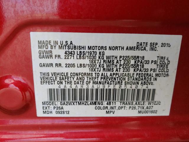 4A4AR3AU9FE054074 - 2015 MITSUBISHI OUTLANDER ES RED photo 10