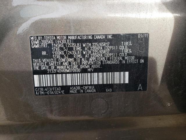 2T3ZF4DV6BW070930 - 2011 TOYOTA RAV4 GRAY photo 13