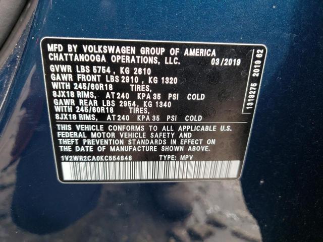 1V2WR2CA0KC554848 - 2019 VOLKSWAGEN ATLAS SE BLUE photo 13