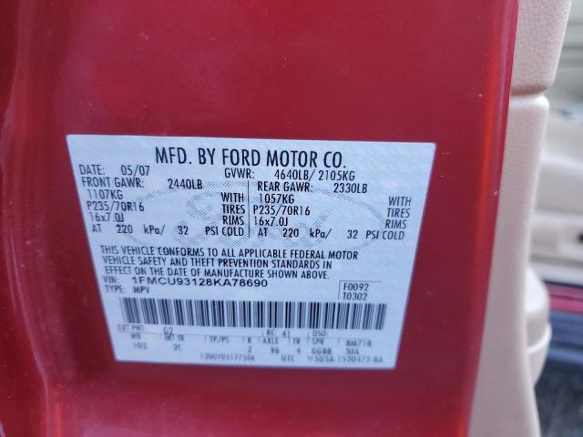 1FMCU93128KA78690 - 2008 FORD ESCAPE XLT RED photo 12