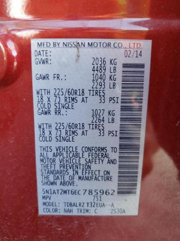 5N1AT2MT6EC785962 - 2014 NISSAN ROGUE S RED photo 13