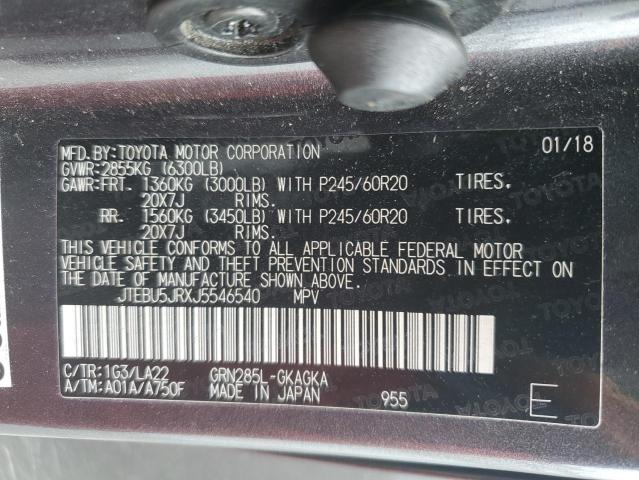 JTEBU5JRXJ5546540 - 2018 TOYOTA 4RUNNER SR5/SR5 PREMIUM GRAY photo 13