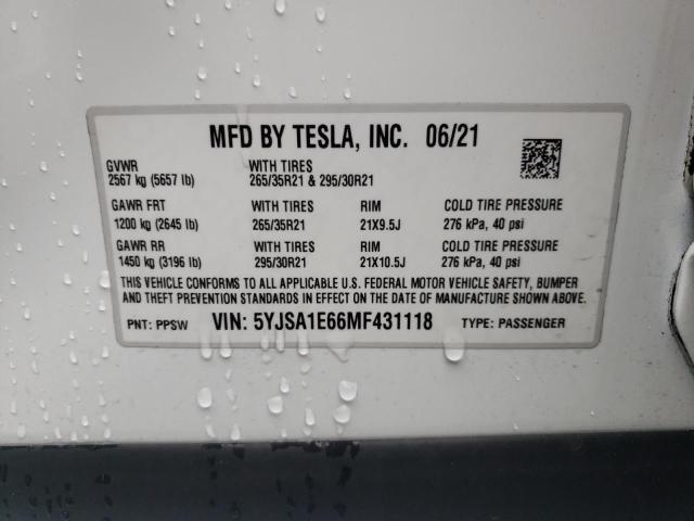 5YJSA1E66MF431118 - 2021 TESLA MODEL S Սպիտակ լուսանկար 12