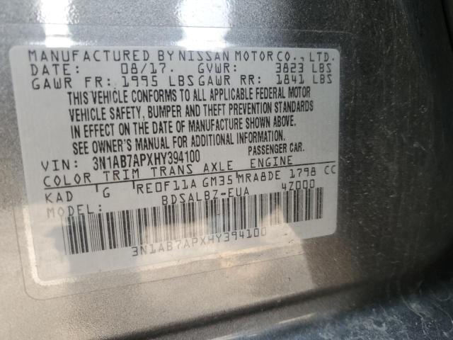 3N1AB7APXHY394100 - 2017 NISSAN SENTRA S GRAY photo 12