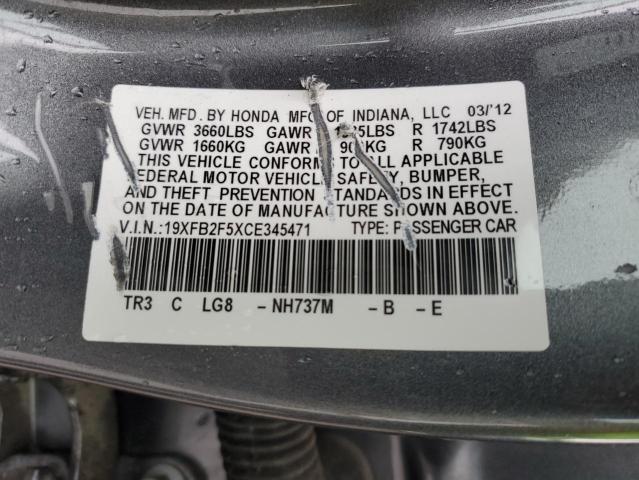 19XFB2F5XCE345471 - 2012 HONDA CIVIC LX GRAY photo 12