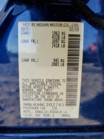 1N4BL4CV4KC202765 - 2019 NISSAN ALTIMA SR BLUE photo 13