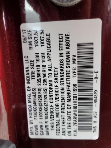 7FARW1H81HE011998 - 2017 HONDA CR-V EXL BURGUNDY photo 13