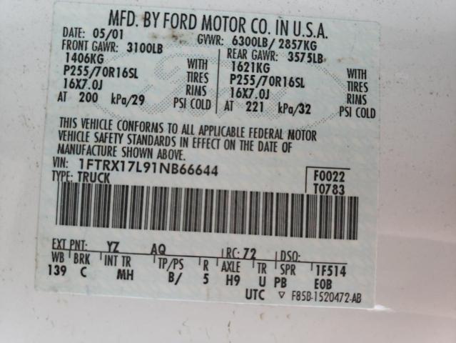 1FTRX17L91NB66644 - 2001 FORD F150 WHITE photo 12