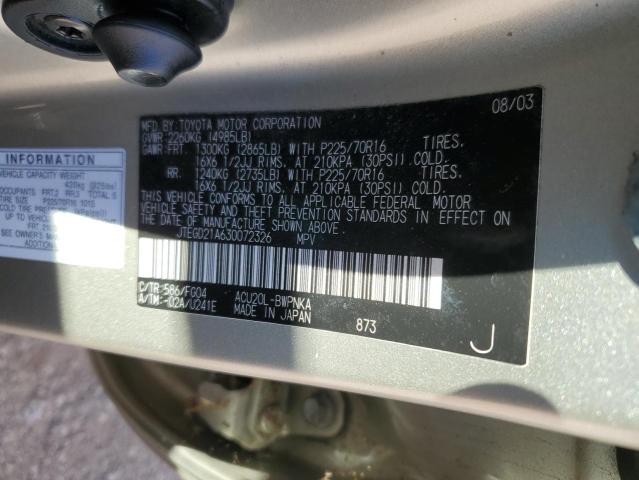 JTEGD21A630072326 - 2003 TOYOTA HIGHLANDER GOLD photo 12