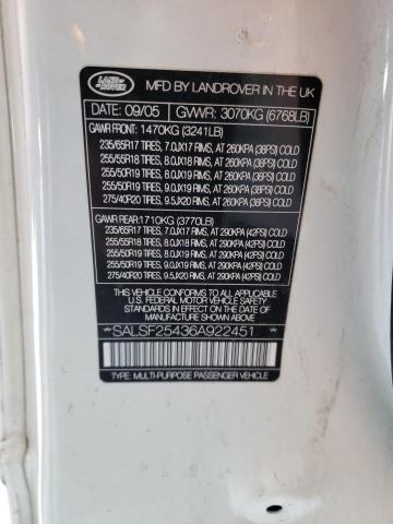 SALSF25436A922451 - 2006 LAND ROVER RANGE ROVE HSE WHITE photo 13