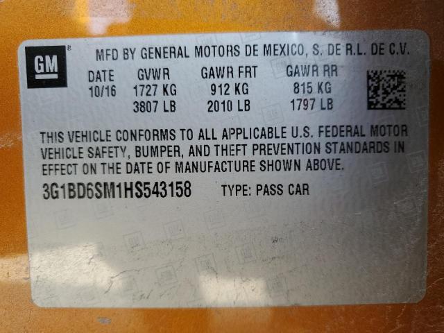 3G1BD6SM1HS543158 - 2017 CHEVROLET CRUZE LT GOLD photo 12