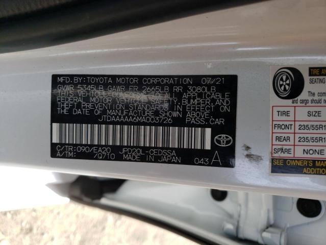 JTDAAAAA6MA003726 - 2021 TOYOTA MIRAI XLE WHITE photo 12