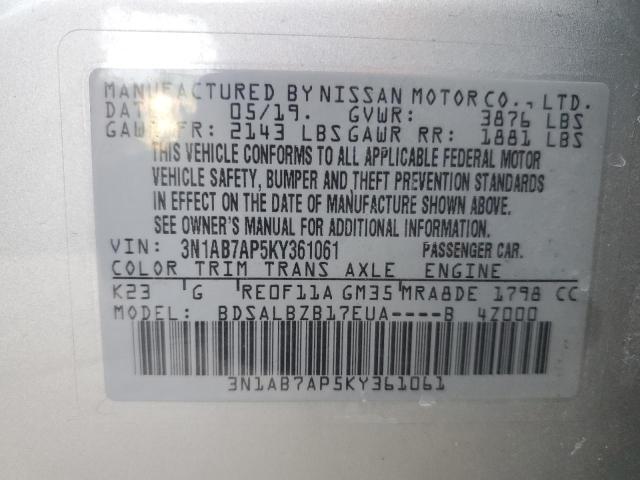 3N1AB7AP5KY361061 - 2019 NISSAN SENTRA S SILVER photo 12