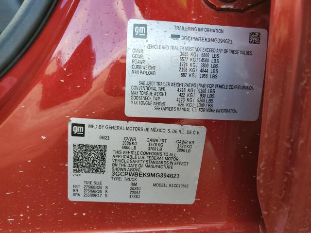 3GCPWBEK9MG394621 - 2021 CHEVROLET SILVERADO C1500 CUSTOM BURGUNDY photo 13