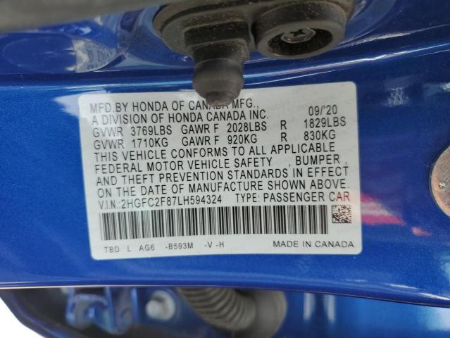 2HGFC2F87LH594324 - 2020 HONDA CIVIC SPORT 蓝色 照片 12