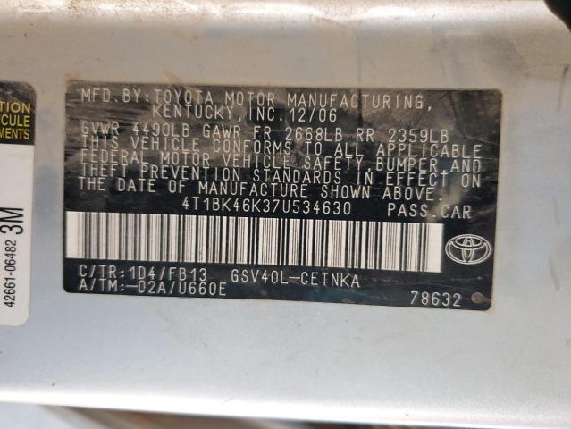 4T1BK46K37U534630 - 2007 TOYOTA CAMRY LE SILVER photo 12