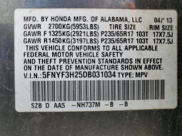 5FNYF3H25DB031034 - 2013 HONDA PILOT LX GRAY photo 13