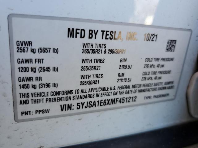 5YJSA1E6XMF451212 - 2021 TESLA MODEL S Սպիտակ լուսանկար 13
