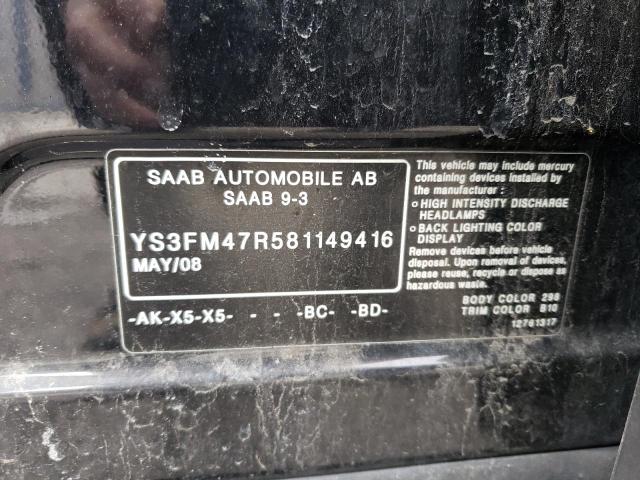 YS3FM47R581149416 - 2008 SAAB 9-3 TURBOX BLACK photo 12