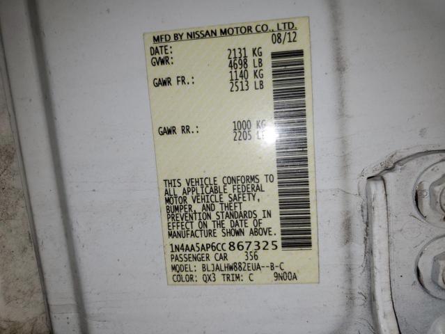 1N4AA5AP6CC867325 - 2012 NISSAN MAXIMA S WHITE photo 12