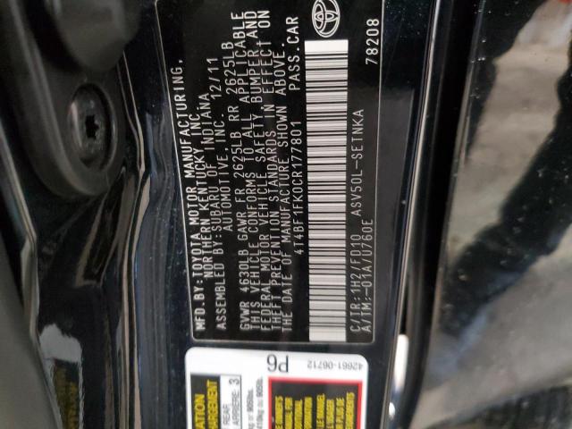 4T4BF1FK0CR177801 - 2012 TOYOTA CAMRY BASE BLACK photo 13