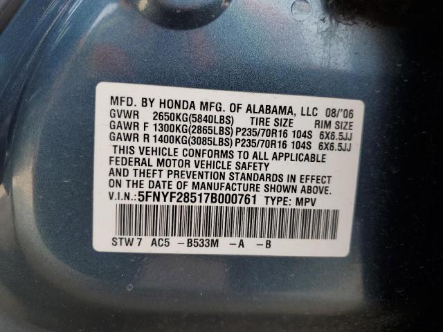 5FNYF28517B000761 - 2007 HONDA PILOT EXL TURQUOISE photo 13