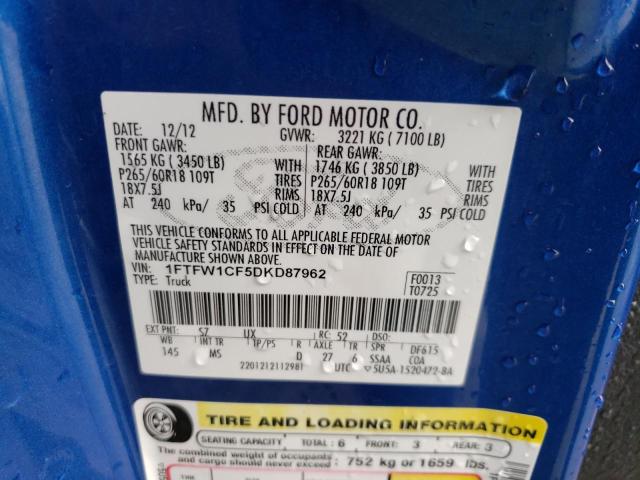 1FTFW1CF5DKD87962 - 2013 FORD F150 SUPERCREW BLUE photo 12