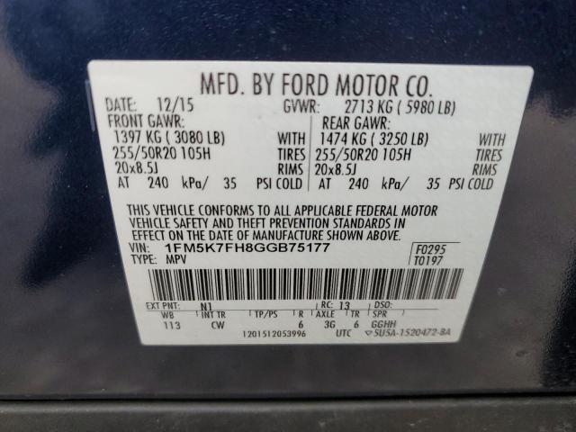 1FM5K7FH8GGB75177 - 2016 FORD EXPLORER LIMITED BLUE photo 14